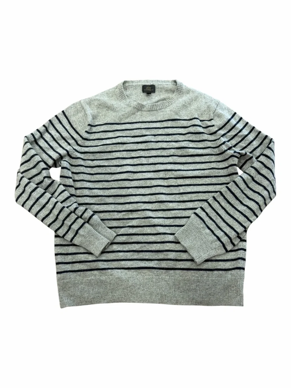 J. Crew 100% Cariaggi Cashmere Gray Crewneck Sweater with Navy Stripes M
